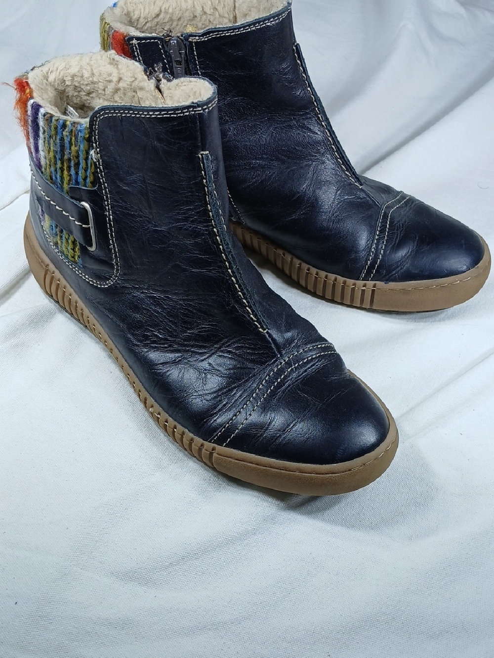 Josef Seibel Navy Leather Ankle Boots with Multicolor Knit Cuff